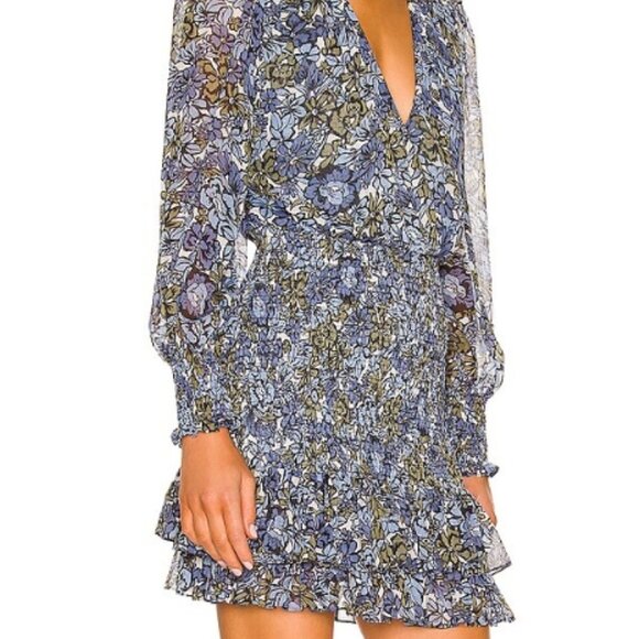 Veronica Beard Saera Blue Multi Floral V-neck Long Sleeves Mini Dress XS $495 - Picture 7 of 15